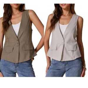 INSPIRE CHIC Women's Sleeveless Linen Button Down V Neck Faux Flap Pocket Lightweight Summer Vest 2 Packs - 1 of 4