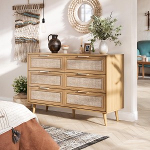 47.2" Wide 6-Drawer Oak Double Dresser with Rattan Fronts, Wooden Chest of Drawers with Golden Handles, Versatile Buffet Sideboard & Storage Cabinet - 1 of 4