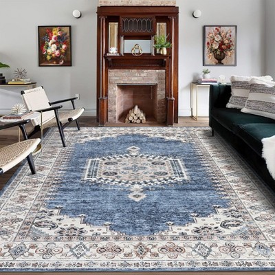 Washable Vintage Oriental Rug Non Slip Low Pile Rug Soft Throw Floor Cover Retro Medallion Foldable Indoor Carpet for Living Room Bedroom