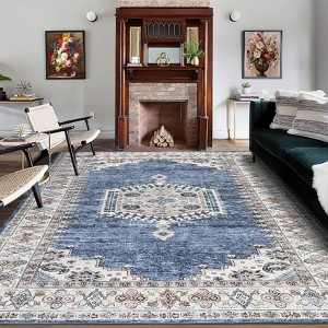 Washable Vintage Oriental Rug Non Slip Low Pile Rug Soft Throw Floor Cover Retro Medallion Foldable Indoor Carpet for Living Room Bedroom - 1 of 4