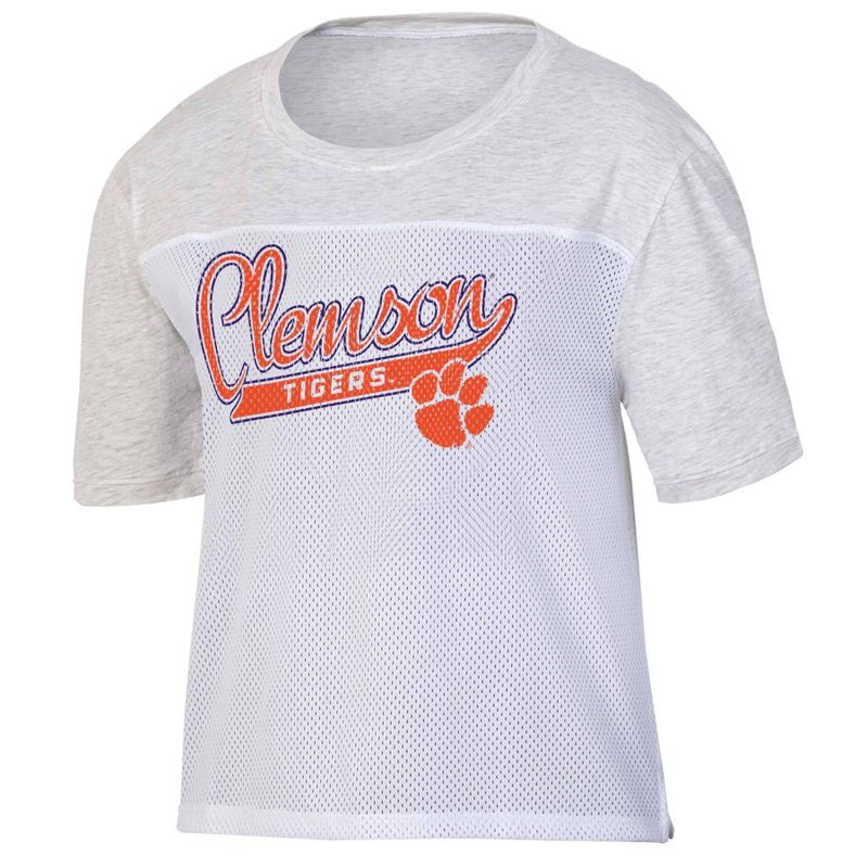 NCAA Clemson Tigers Women&#39;s White Mesh Yoke T-Shirt, 1 of 4