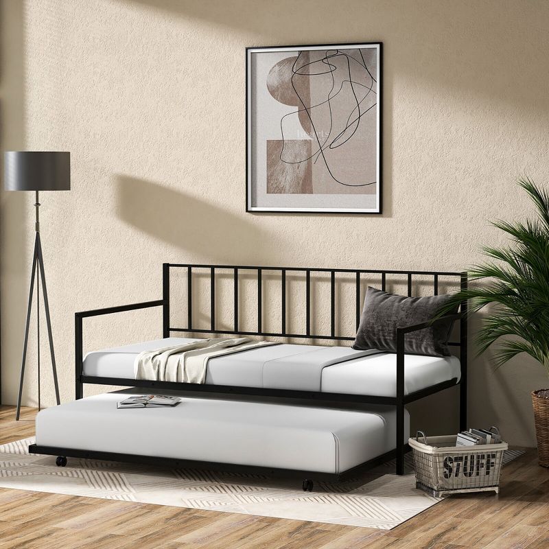 Tangkula Twin Metal Daybed Sofa Bed with Trundle & Lockable Casters for Living Room, 3 of 11