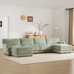 142" Chenille 6-Seat Modular U-Shaped Sectional Sofa with Petal Armrests, USB & Type-C Charging Ports, and Movable Ottoman - 1 of 4