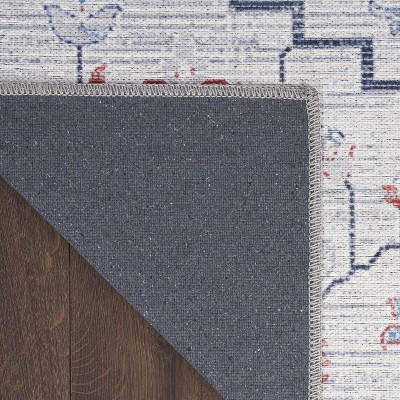 Ivory Blue Floral Cotton Synthetic Runner Rug 2'2" x 10'