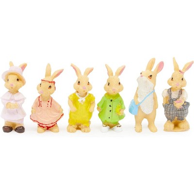 Mini Easter Bunny Rabbit Garden Statues in Colorful Outfits, 2.2 Inches, Set of 6