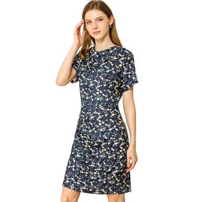 INSPIRE CHIC Women's Cowl Neck Short Sleeve Ruched Floral Dress