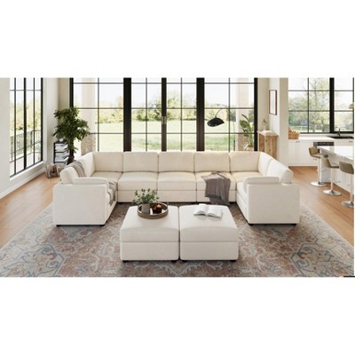 Modular Sectional Sofa, U-Shaped Chenille Couch with Ottoman, Convertible 9-Seater Living Room Sofa, Reconfigurable Furniture, Red