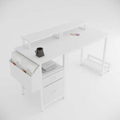 DSVIMOY Desk Office Desk with 2 Monitor Stands 2 Drawers Side Pocket Reversible Frame for Home Use, White, 47.3"*19.69"*29.53"
