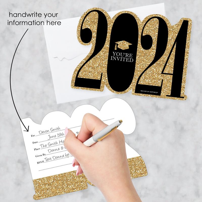Big Dot of Happiness Gold 2024 Graduation Party Invitations - Shaped Fill-In Invite Cards with Envelopes - Set of 12, 2 of 8
