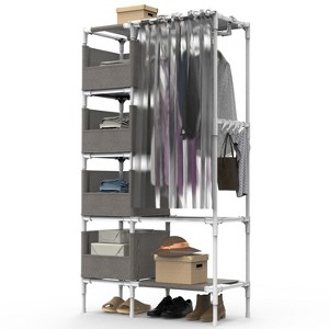 NewHome "Portable Closet Wardrobe Organizer with 4 Storage Bags, Hanging Rod, Shelf & Hooks for Clothes" Grey - 1 of 4