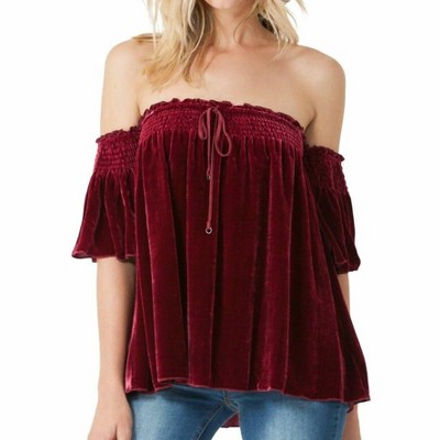 Women's Silk Velvet Off Shoulder Smocked Blouse - HALE BOB