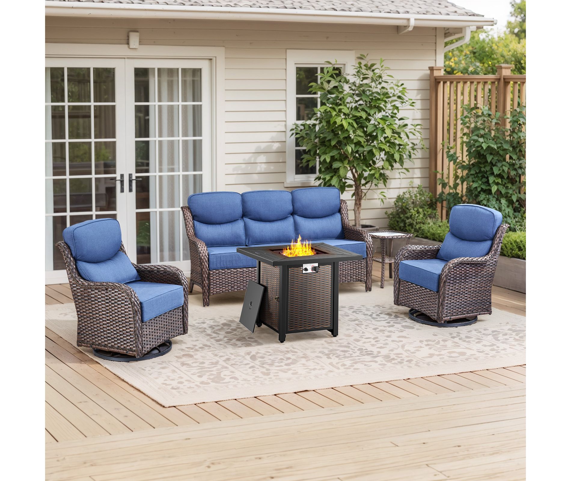 Gymojoy 4/5PCS Outdoor Fire Pit Table with Sofa Swivel Chair 6-inch Thick Cushion Furniture Set