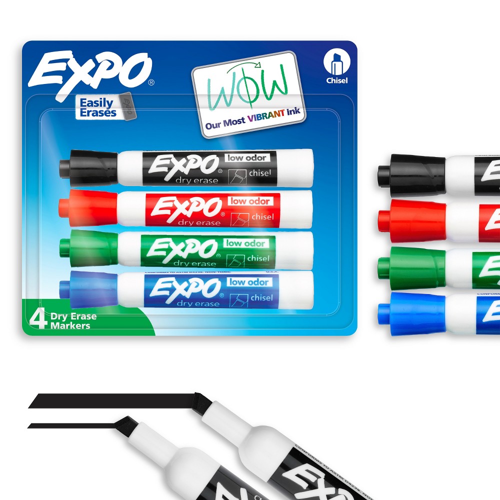Expo 4pk Dry Erase Markers Chisel Tip Multicolored: Low-Odor Whiteboard Markers, Bold & Fine Point, Erasable, Ages 3+