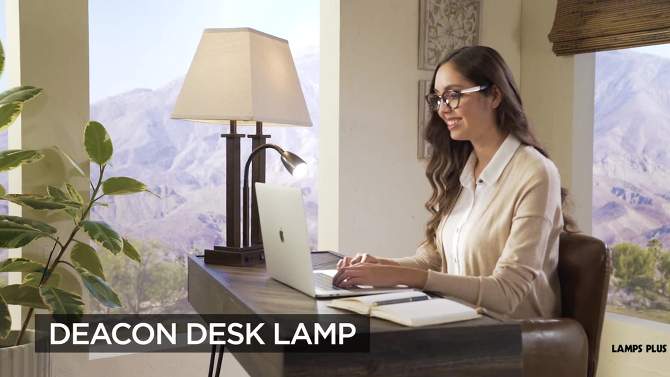 Possini Euro Design Deacon Modern Desk Table Lamp 26" High Bronze with USB and AC Power Outlet in Base LED Reading Light Oatmeal Shade for Office Desk, 2 of 11, play video