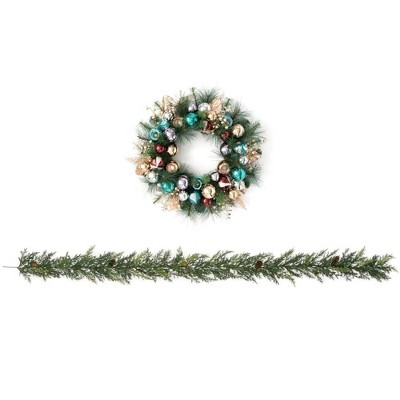 Sullivans Artificial Pine and Ornament Wreath and Arborvitae Garland Set 28"H & 6'L Green