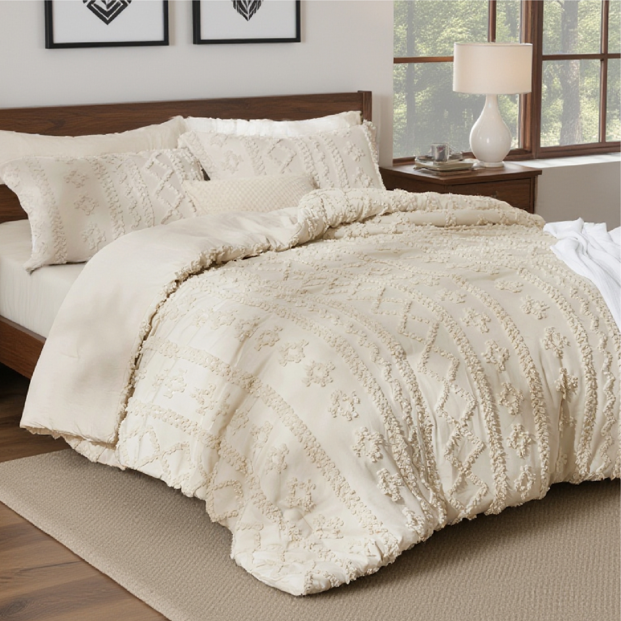 3Pcs Tufted Boho Farmhouse Shabby Chic Embroidery Beige Queen Size Comforter Set - Bedsure
