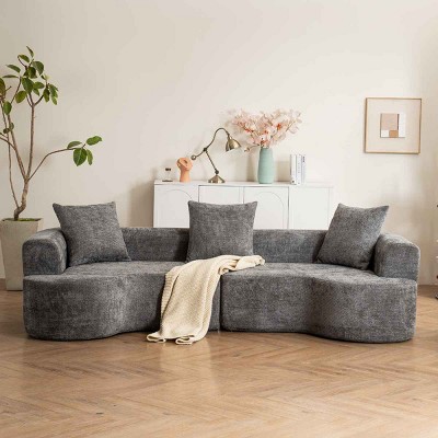 Modern Curved Sofa, 3-Seat Spring Couch with Armrest and Pillows, Deep Seat Design Foam Sofa with Green Corduroy Cover-Coolbibila