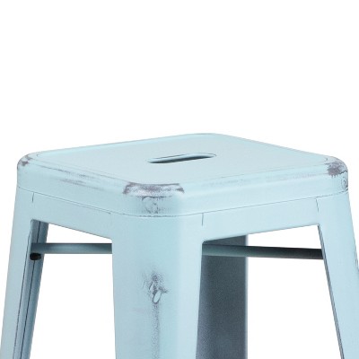30" Distressed Green-Blue Metal Backless Bar Stool