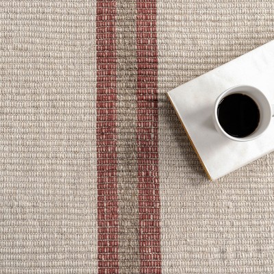 Ivory and Red Striped Handmade Wool Area Rug, 5' x 8'