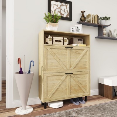 RISOKEYS Farmhouse Shoe Organizer with 2 Flip Drawers,Freestanding Slim Narrow Shoe Rack Cabinet with Open Storage for Entryway,Foyer,Hallway