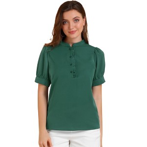 Allegra K Women's Work Office Half Placket Ruffled Puff Sleeve Blouse - 1 of 4