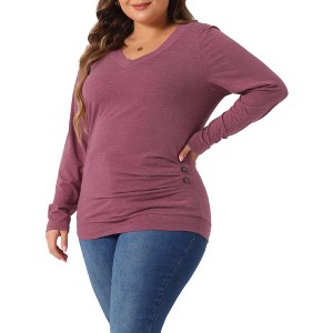 Agnes Orinda Women's Plus Size Knitted Buttons Decor Ruched Waist Long Sleeve V Neck T-shirts - 1 of 4