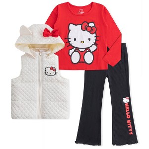 Hello Kitty Sanrio Girls 3 Piece Long Sleeve Shirt, Hooded Vest, and Flared Pants Set with Ears for Big Kids - 1 of 4