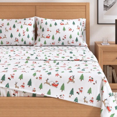 Queen Size White and Gold Cotton Flannel Holiday Sheet Set