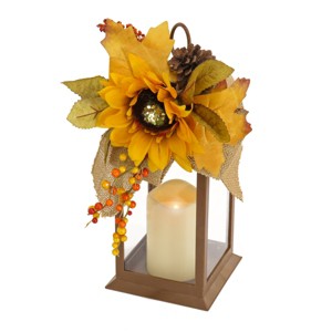 14" Sunflower and Burlap Bow Decorated Harvest Lantern - 1 of 4