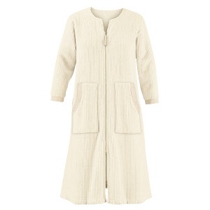 Collections Etc Textured Satiny Trimmed Plush Zip Front Robe Medium Women Ivory - 1 of 4