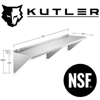 KUTLER 12" x 72" Stainless Steel Shelf, NSF Commercial Wall Mount Shelves w/ Backsplash, Floating Metal Mounted Shelving for Restaurant, Kitchen, Home