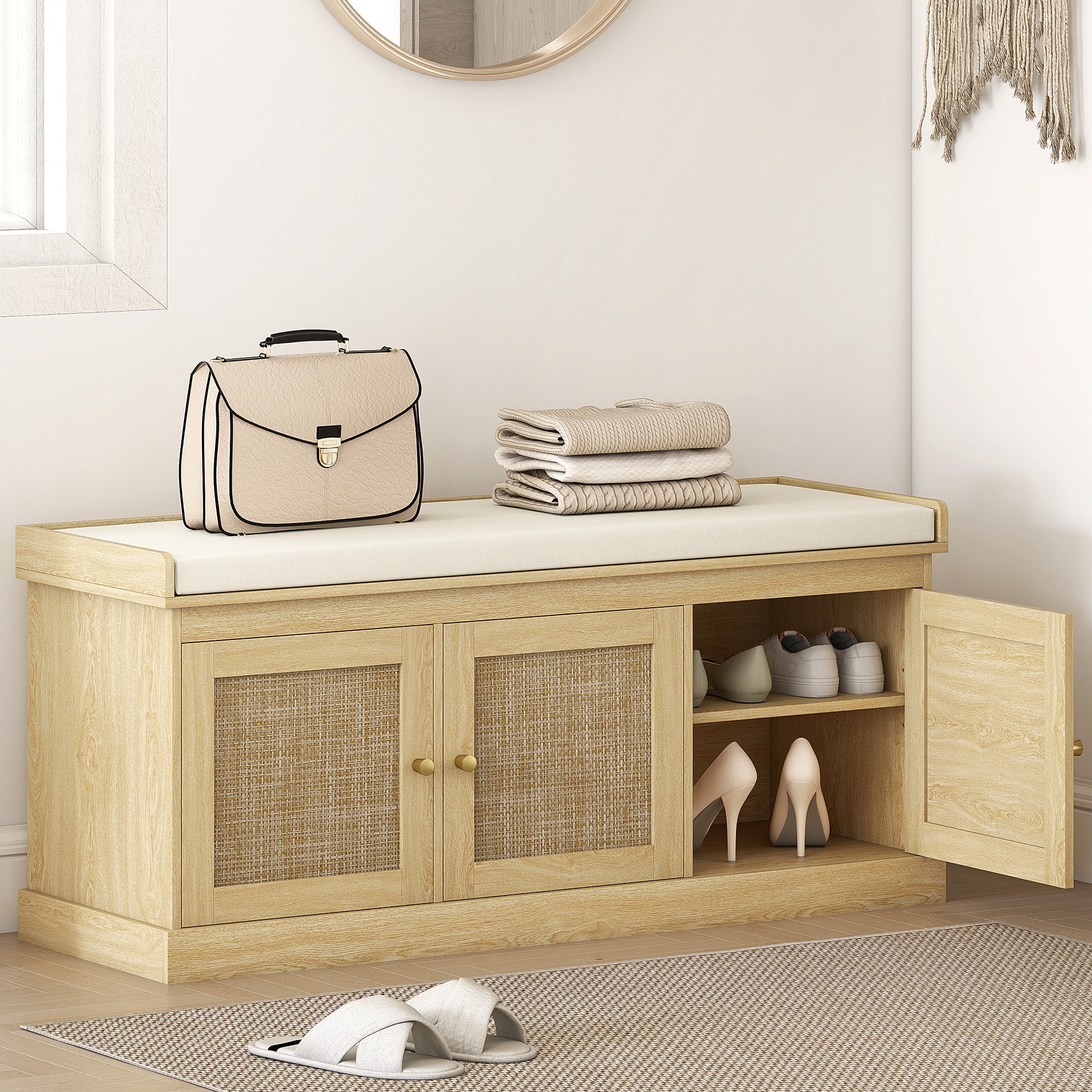 HOMCOM Shoe Storage Bench with Woven Rattan, Shoe Bench with Cushion, Adjustable Shelves, Entryway Bench for Bedroom, Living Room, Oak Tone