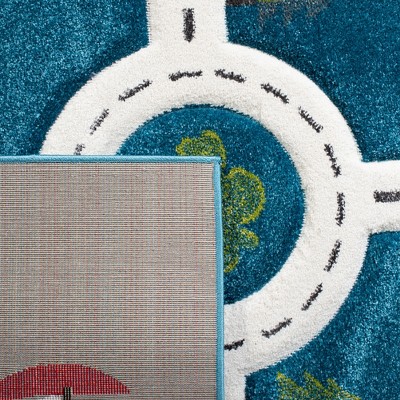 Turquoise and Ivory Square Kids Train Track Area Rug