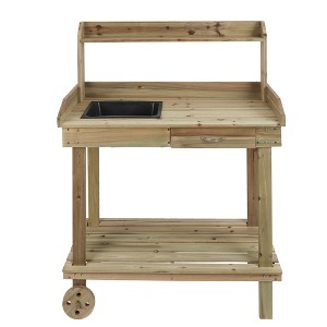 LuxenHome Natural Wood Mobile 1-Drawer 2-Shelf Potting Bench with Storage Brown - 1 of 4