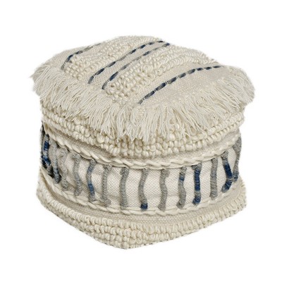Cube Proto Boho Handcrafted Fabric Pouf Ivory/Blue - Christopher Knight Home: Square Cotton & Wool Blend, No Assembly Required