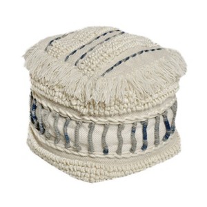 Cube Proto Boho Handcrafted Fabric Pouf Ivory/Blue - Christopher Knight Home: Square Cotton & Wool Blend, No Assembly Required - 1 of 4