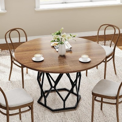 47 Inch Round Dining Table for 4-6 People, Farmhouse Kitchen Table, Sturdy Metal Base, Industrial Wood Dining Room Table for Kitchen, Brown