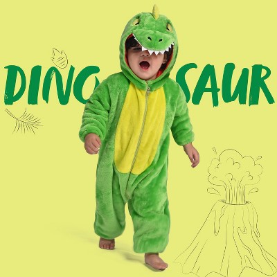 Joyfy Toddler Dinosaur Costume - Green One-Piece Hooded Jumpsuit, Zip-Up Baby Dino Outfit for Halloween & Play