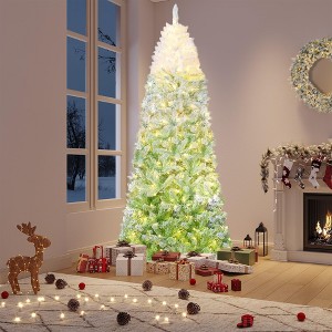 Pre-Lit Snow Flocked Pencil Christmas Tree, Gradient Lights, Foldable Metal Base, Lighted Holiday Decor - 1 of 4