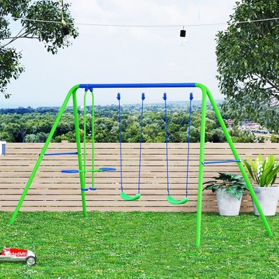 VYNXARIA Metal Swing Set with Glider, Two Swing Seats and Adjustable Height, Outdoor Heavy Duty A-Frame Suitable for Playground, Backyard, Green