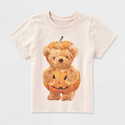 Toddler Short Sleeve Halloween Teddy Bear Pumpkin T-Shirt - Beige