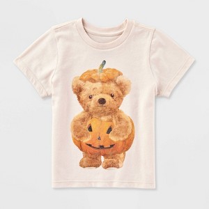 Toddler Short Sleeve Halloween Teddy Bear Pumpkin T-Shirt - Beige - 1 of 3