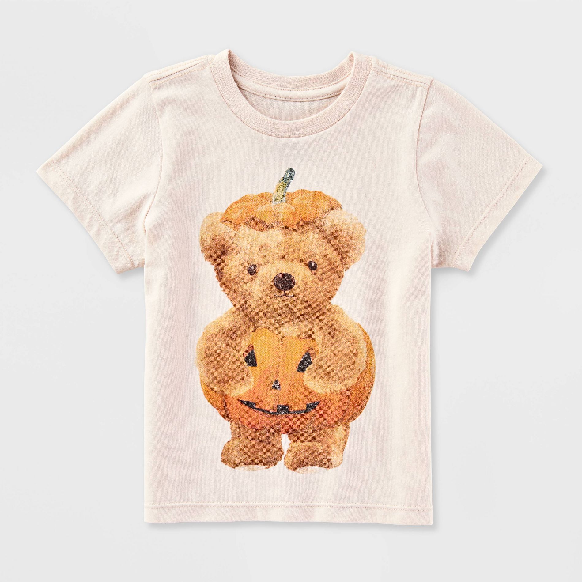 Toddler Short Sleeve Halloween Teddy Bear Pumpkin T-Shirt - Beige 18M