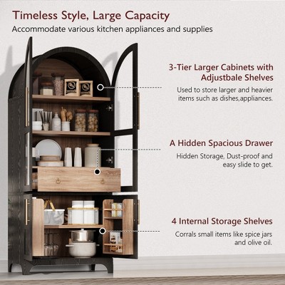 GDFStudio Shane 71" Tall Arched Kitchen Pantry Cabinet with Glass Doors, Adjustable Shelves and Hidden Drawer, Black — фото 5