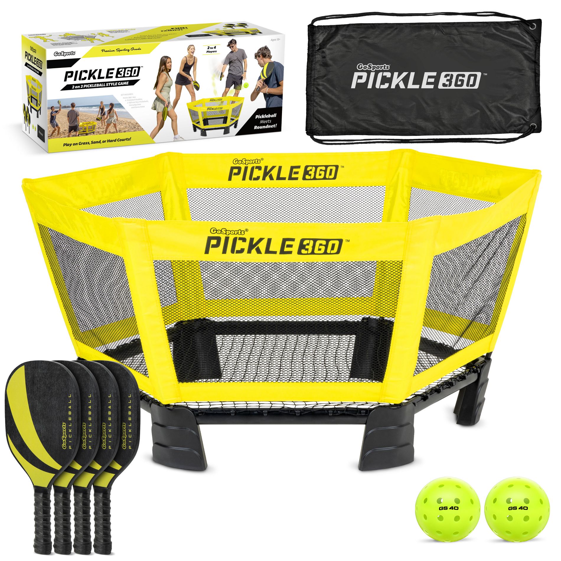 GoSports Pickle 360 Game Set - Pickleball Without a Court - Outdoor Lawn, Beach, and Backyard Paddle Ball Game - Yellow