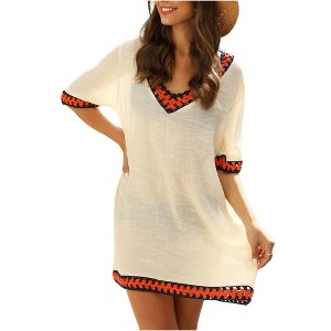 Anna-Kaci Women's Woven Beach Cover-Up Dress with Crochet Trim and Off-Shoulder Design - 1 of 4