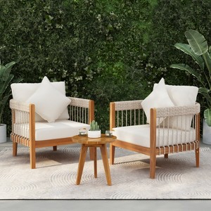 Christopher Knight Home Clifton 3 Piece Patio Rustic Acacia and Rope Slat Design Seating Set with Cushion - 1 of 4