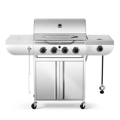 R.W.FLAME 4-Burner Propane Gas Grill with Side Burner, 42,000 BTU Stainless Steel BBQ Grill for Outdoor Cooking, with Cast Iron Grates, Baking Pan