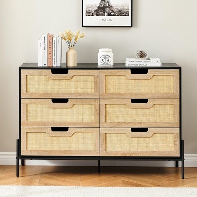 6 Drawers Dresser for Bedroom, Natural Rattan Drawer with Spacious Storage, Wood Chest of Drawers with Metal Legs