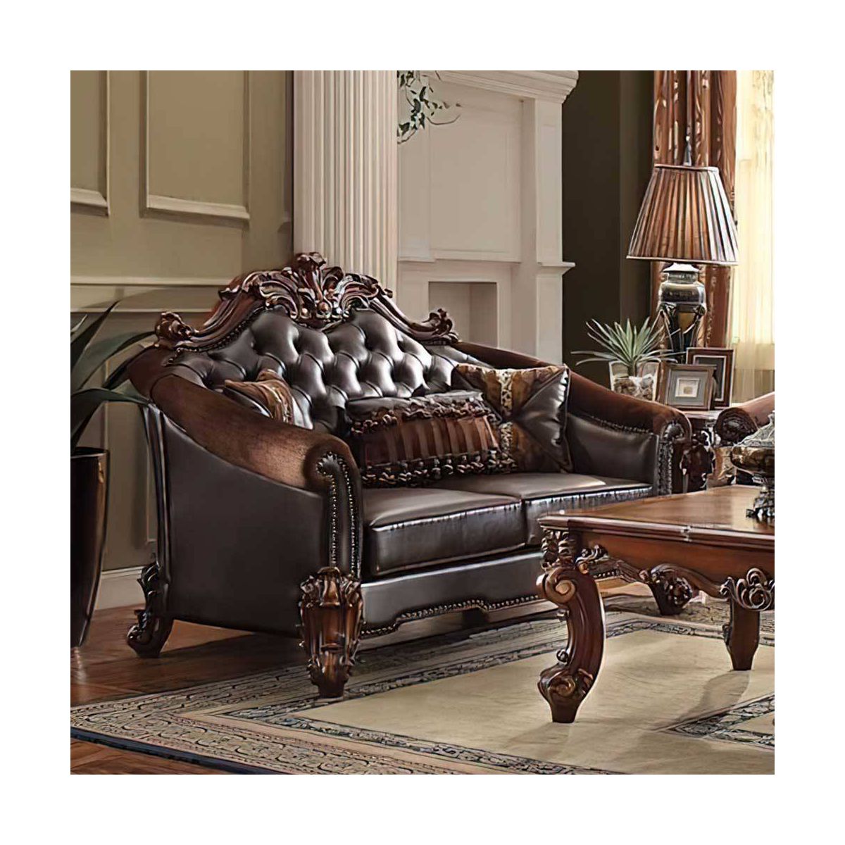 67" Vendome II Sofa Two Tone Dark Brown Synthetic Leather and Cherry Finish - Acme Furniture: Baroque Inspired, Crystal Button Tufting - thumbnail 9